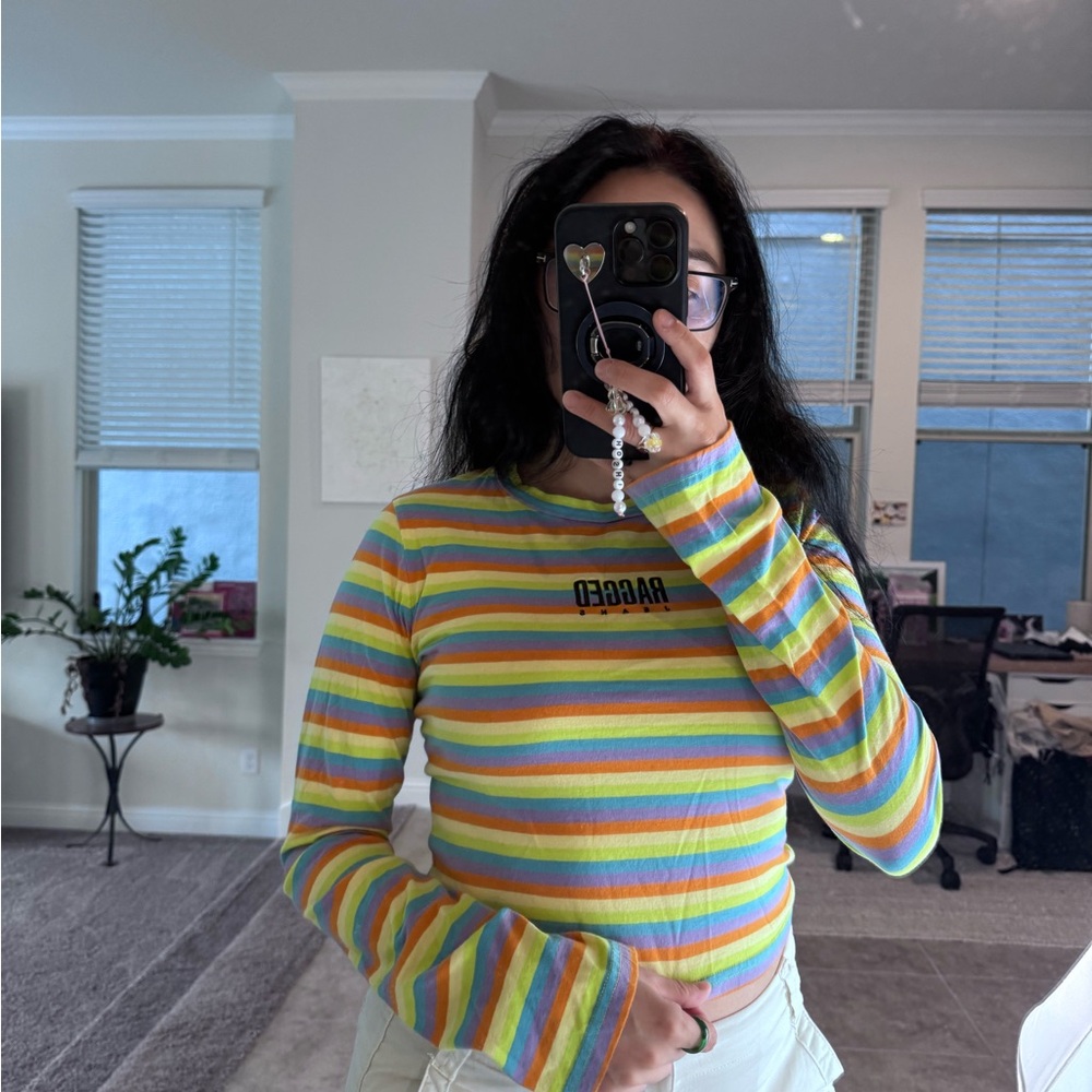 Casual Blue and Green Striped Crop Top